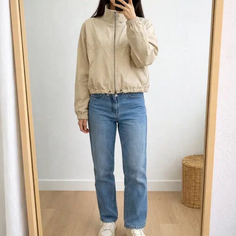 [BUNJANG] MIXXO Crop Windbreaker Zip-up Jumper Beige / 미쏘 크롭 바람막이 집업 점퍼 베이지 S/간절기 데일리룩