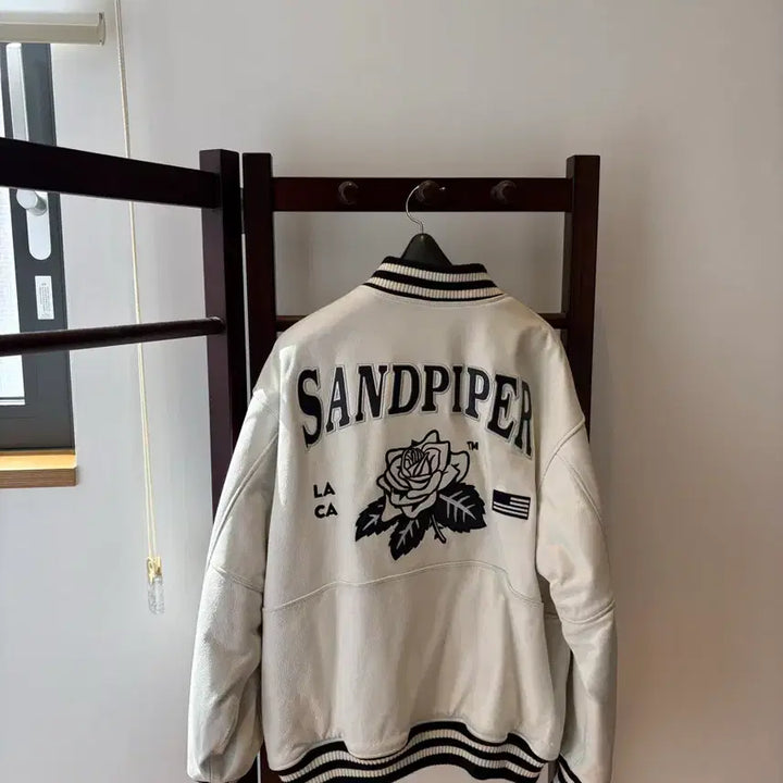 [BUNJANG] SANPIPER White Leather Stadium Jacket M / SANPIPER  샌드파이퍼 화이트 레더 스타디움 자켓 M