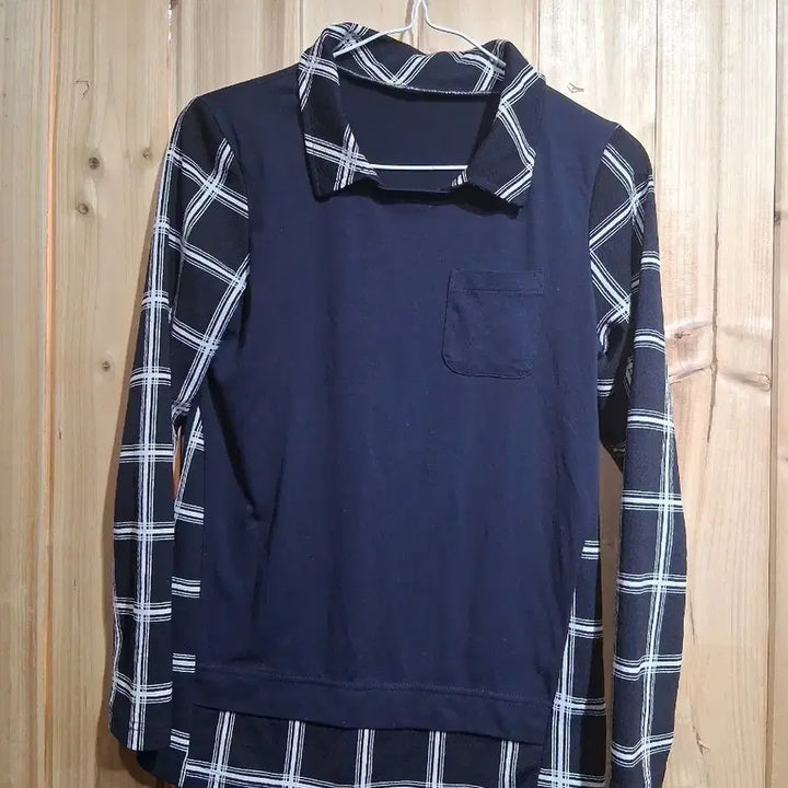 [BUNJANG] Navy Checkered Contrast Long-Sleeve Collar T-Shirt / 네이비 체크 배색 긴팔 카라 티셔츠