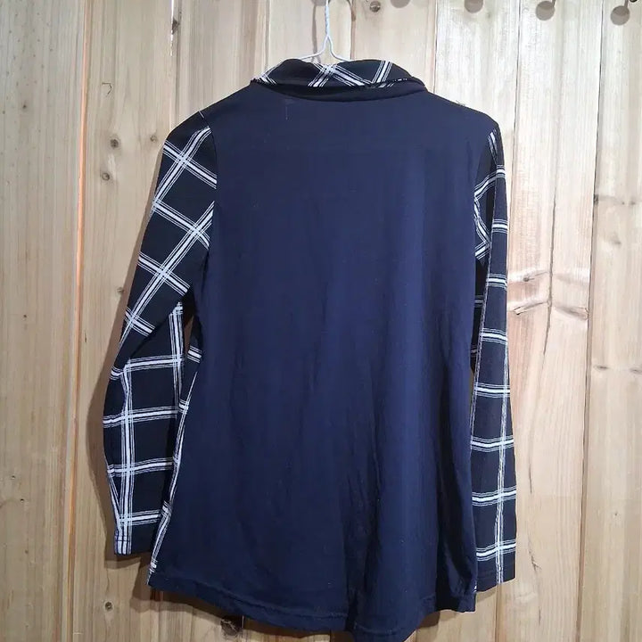[BUNJANG] Navy Checkered Contrast Long-Sleeve Collar T-Shirt / 네이비 체크 배색 긴팔 카라 티셔츠