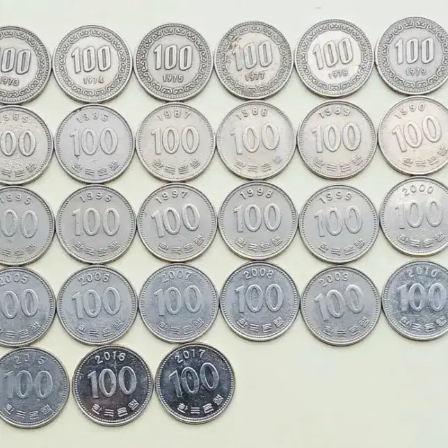 [BUNJANG] Korean 100 Won Coins (1971-2017) Set / 100원 동전 사용제 71년부터 2017년사이 45종 입니다