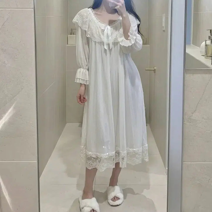 [BUNJANG] Lace Long Sleepwear Dress White / 당일발송) 화이트 레이스 롱원피스 쉬폰 원피스 파자마 잠옷