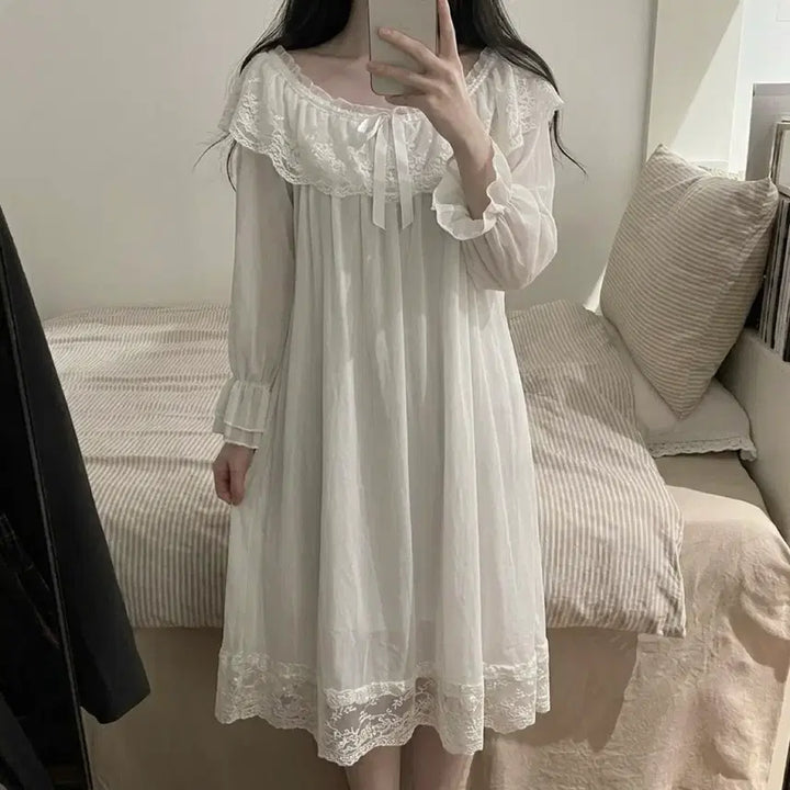 [BUNJANG] Lace Long Sleepwear Dress White / 당일발송) 화이트 레이스 롱원피스 쉬폰 원피스 파자마 잠옷