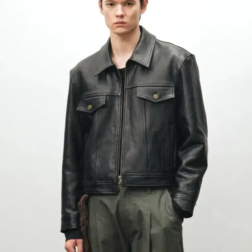 [BUNJANG] Noir Antique Cow Leather Trucker Jacket Black 52 / 노이어 앤틱 카우 레더 트러커 자켓 블랙 52