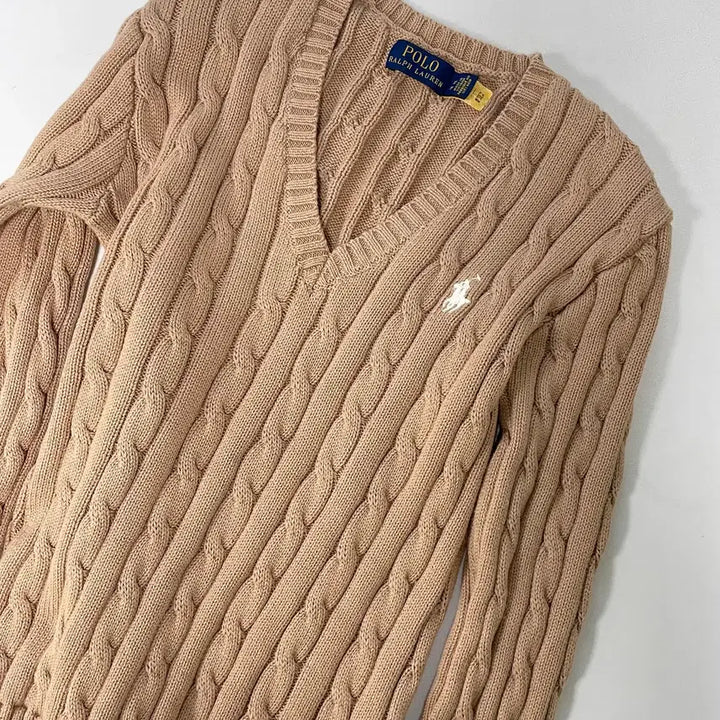 [BUNJANG] Polo Ralph Lauren Cable Knit V-Neck Sweater / [XS] 폴로 랄프로렌 코튼 케이블 꽈배기 브이넥 니트 스웨터 QR인증