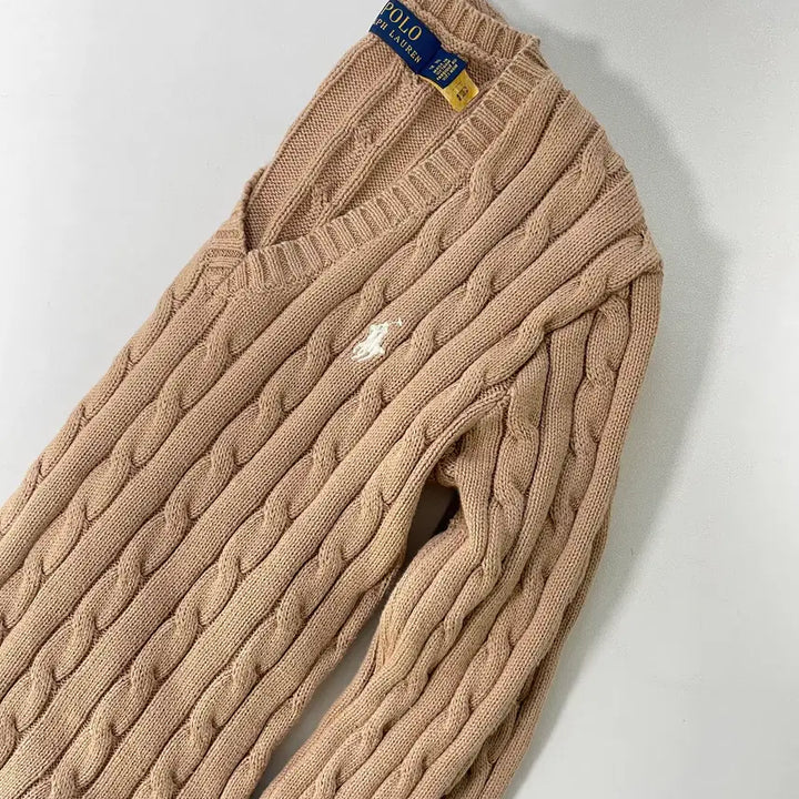 [BUNJANG] Polo Ralph Lauren Cable Knit V-Neck Sweater / [XS] 폴로 랄프로렌 코튼 케이블 꽈배기 브이넥 니트 스웨터 QR인증