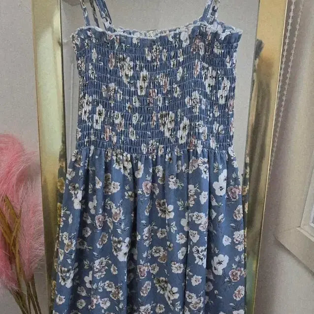 [BUNJANG] Floral Shirred String Dress / 플라워 셔링 끈 원피스