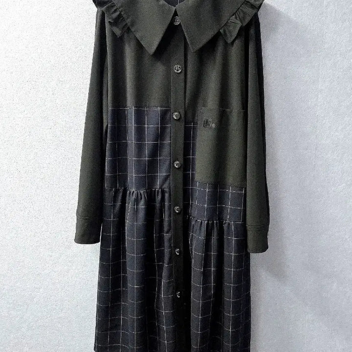 [BUNJANG] Lucky Marche Ruffle Collar Checkered Dress / 럭키마르쉐 러플카라 체크 배색 원피스