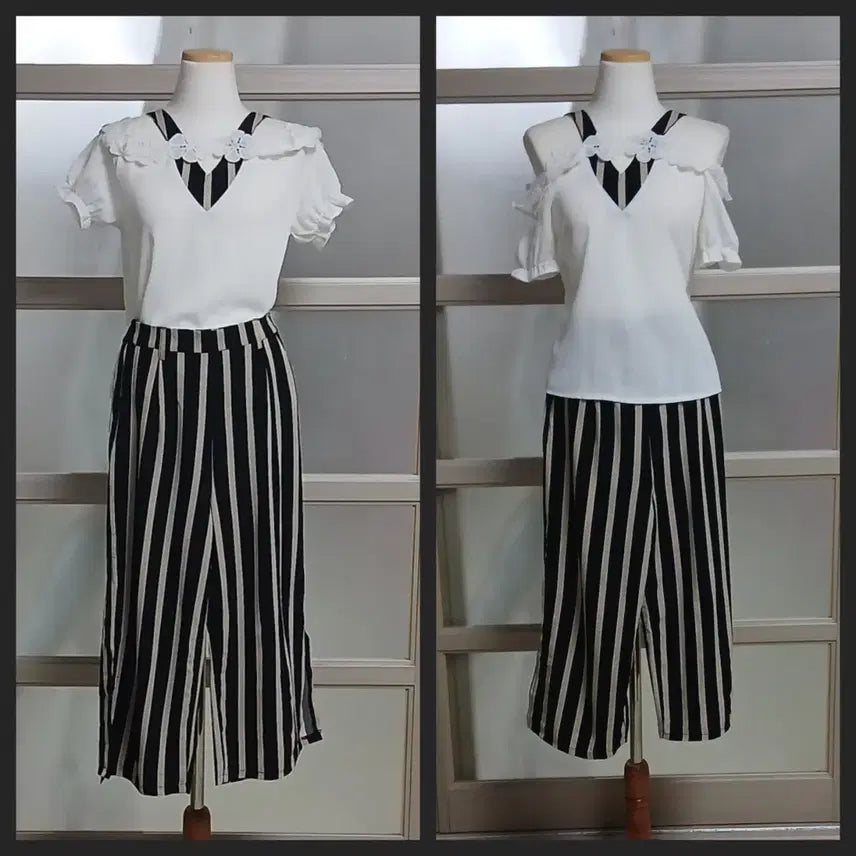 [BUNJANG] White Frill Blouse &amp; Striped Wide Pants Set / 화이트 프릴 블라우스 + 스트라이프 와이드 팬츠 세트