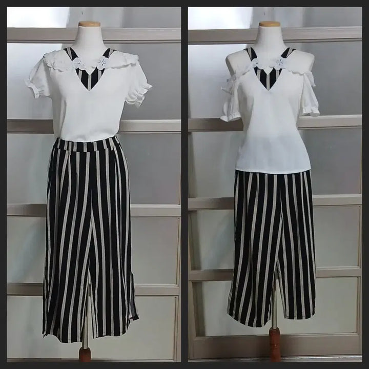 [BUNJANG] White Frill Blouse &amp; Striped Wide Pants Set / 화이트 프릴 블라우스 + 스트라이프 와이드 팬츠 세트