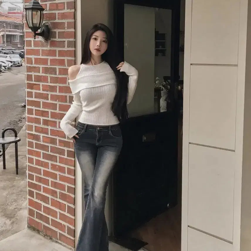 [BUNJANG] Off-Shoulder Ribbed Knit Sweater / (새상품 포장그대로)오프숄더 골지 니트 핑크아이보리