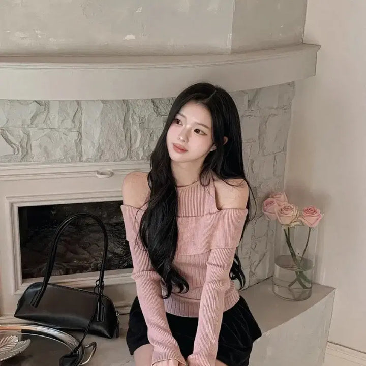 [BUNJANG] Off-Shoulder Ribbed Knit Sweater / (새상품 포장그대로)오프숄더 골지 니트 핑크아이보리