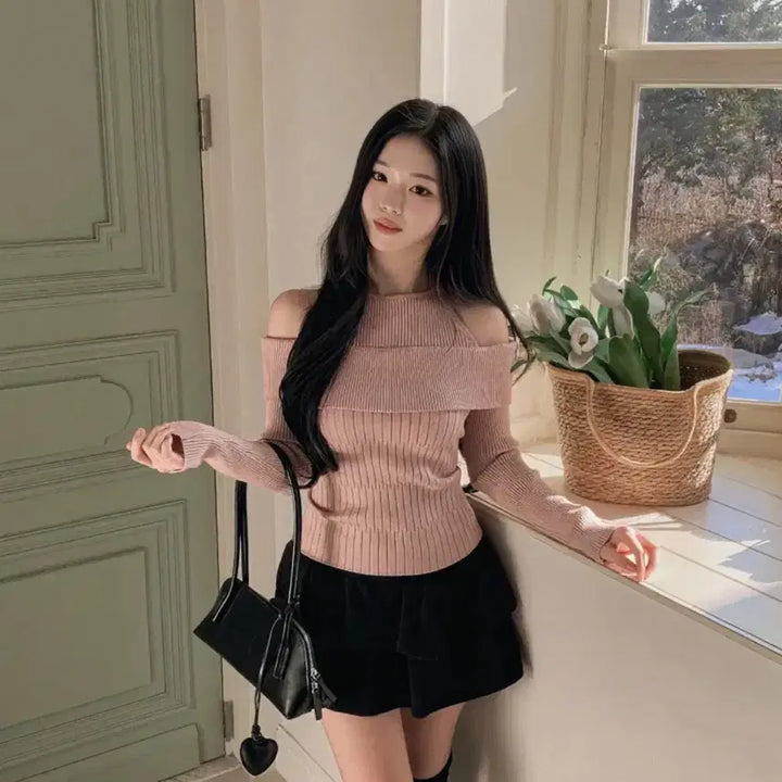 [BUNJANG] Off-Shoulder Ribbed Knit Sweater / (새상품 포장그대로)오프숄더 골지 니트 핑크아이보리