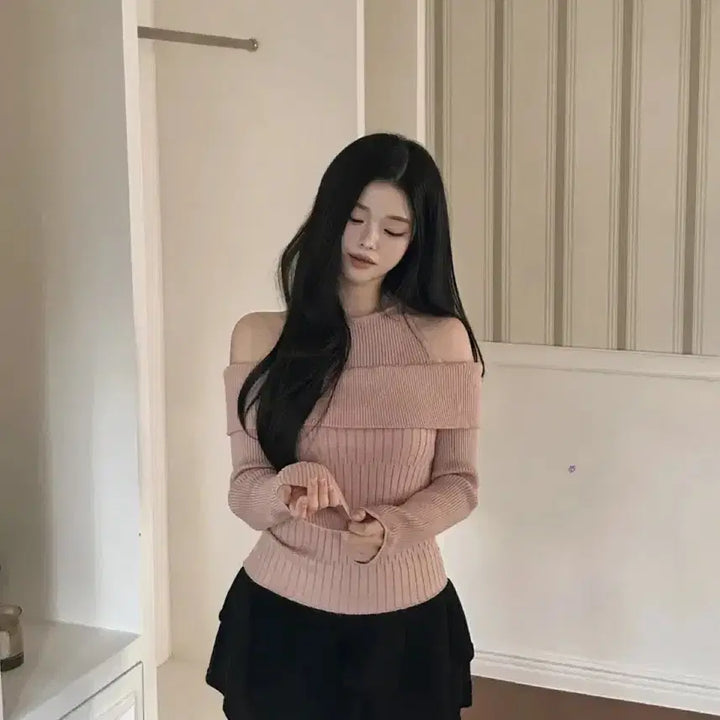 [BUNJANG] Off-Shoulder Ribbed Knit Sweater / (새상품 포장그대로)오프숄더 골지 니트 핑크아이보리