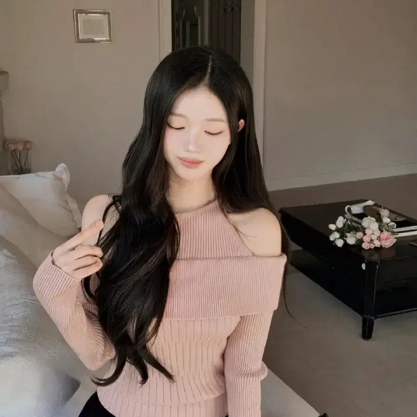 [BUNJANG] Off-Shoulder Ribbed Knit Sweater / (새상품 포장그대로)오프숄더 골지 니트 핑크아이보리