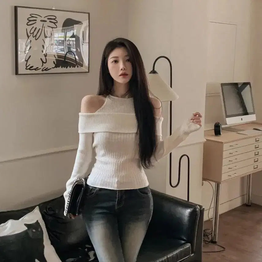 [BUNJANG] Off-Shoulder Ribbed Knit Sweater / (새상품 포장그대로)오프숄더 골지 니트 핑크아이보리