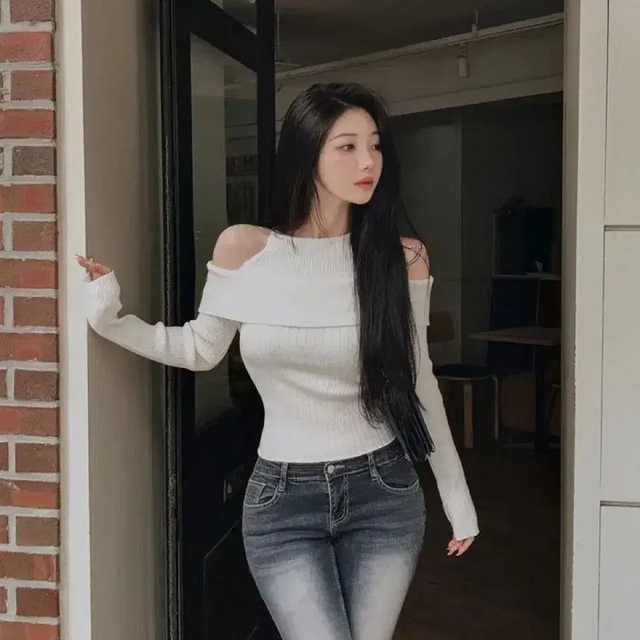 [BUNJANG] Off-Shoulder Ribbed Knit Sweater / (새상품 포장그대로)오프숄더 골지 니트 핑크아이보리