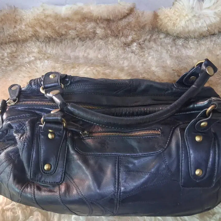 [BUNJANG] Black Leather Patchwork Tote Bag / 블랙 가죽 토트백 패치워크 디자인 여러개 개당
