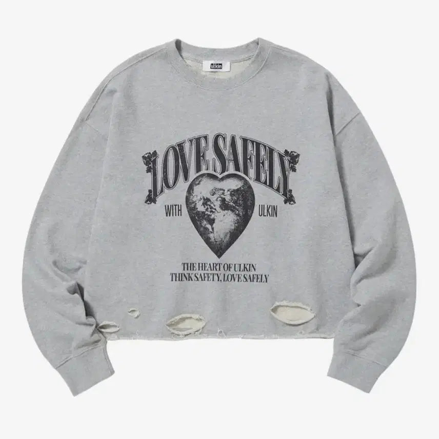 [BUNJANG] Ulkin Destroyed Love Safely Semi Crop Sweatshirt - Gray L / 얼킨 디스트로이드 러브 세이플리 세미 크롭 스웻셔츠_그레이 L