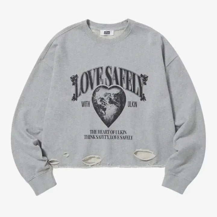 [BUNJANG] Ulkin Destroyed Love Safely Semi Crop Sweatshirt - Gray L / 얼킨 디스트로이드 러브 세이플리 세미 크롭 스웻셔츠_그레이 L