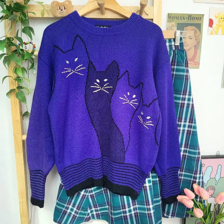 [BUNJANG] Vintage Cat Knit Sweater / 고양이 빈티지 니트