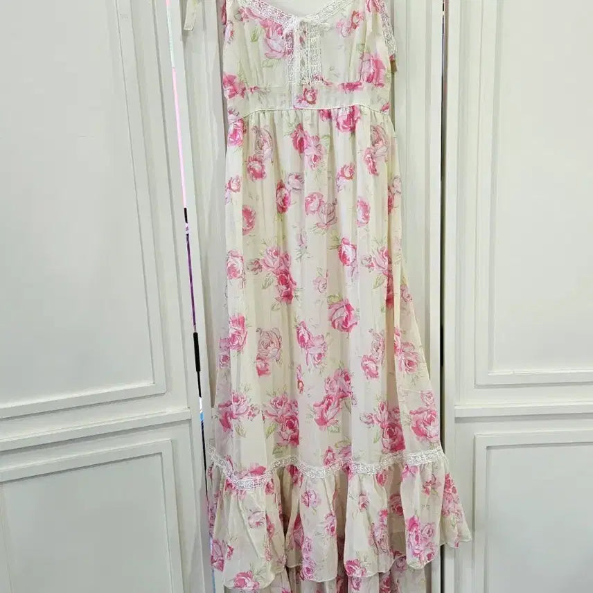 [BUNJANG] Deary Rose Flower Lace Frill Maxi Dress / 디어리 플라워 롱 원피스  레이스 프릴