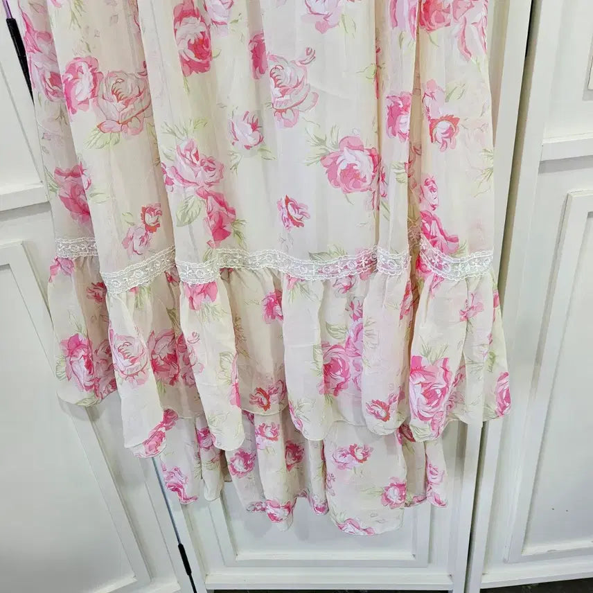 [BUNJANG] Deary Rose Flower Lace Frill Maxi Dress / 디어리 플라워 롱 원피스  레이스 프릴