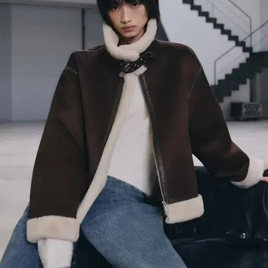 [BUNJANG] MIXXO Stand Collar Faux Mouton Jacket Dark Brown S / 미쏘 스탠카라 무스탕 다크브라운 S