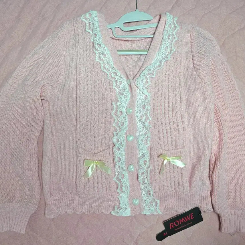 [BUNJANG] ROMWE Pink Ribbon Lace Cardigan / ROMWE 롬위 핑크 리본 레이스 가디건 갸루 양산형 리즈리사 쉬인