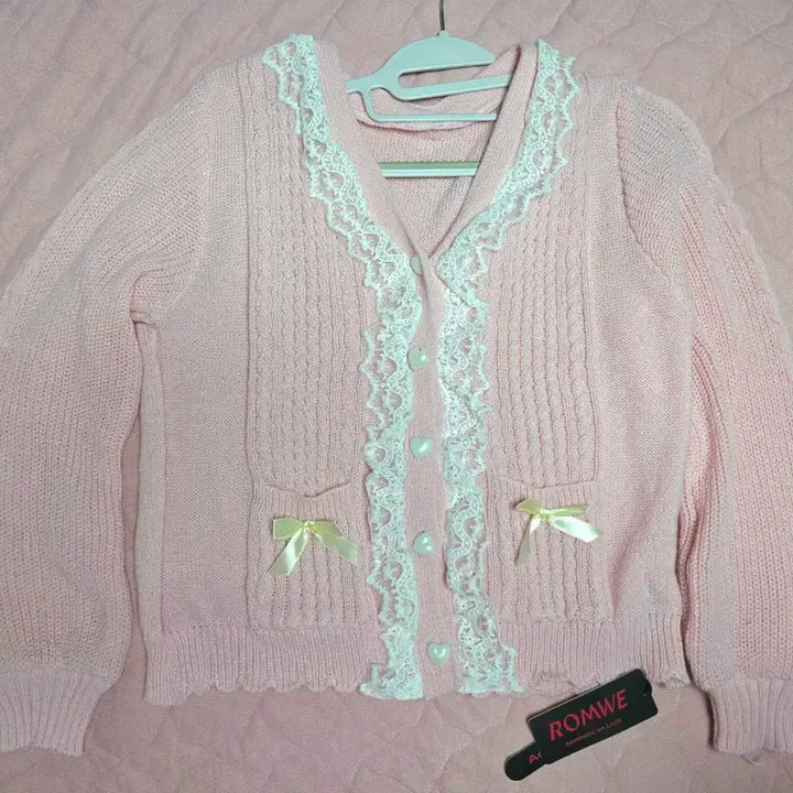 [BUNJANG] ROMWE Pink Ribbon Lace Cardigan / ROMWE 롬위 핑크 리본 레이스 가디건 갸루 양산형 리즈리사 쉬인
