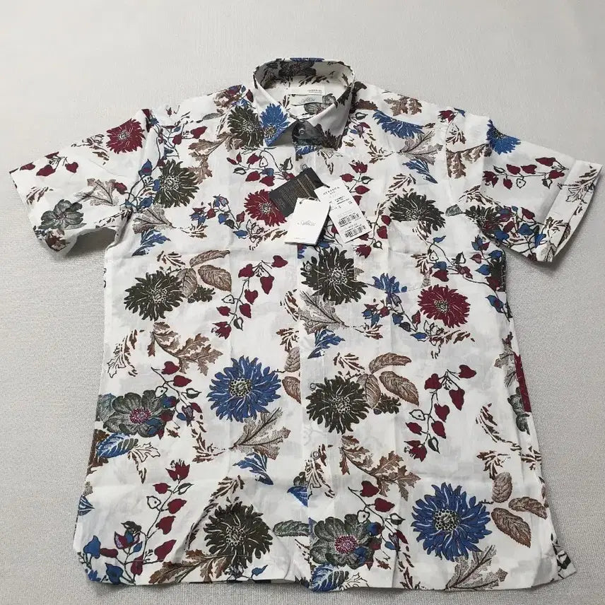 [BUNJANG] Herborn Linen Floral Short Sleeve Shirt White 105 / 헤르본 린넨 꽃무늬 반팔 셔츠 화이트 105