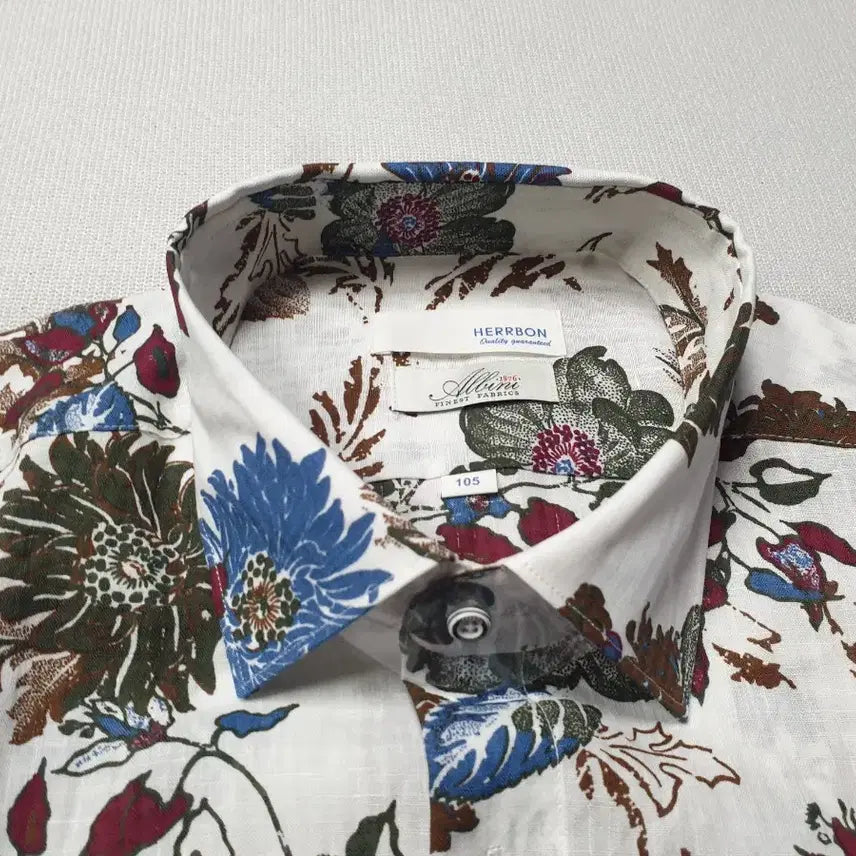 [BUNJANG] Herborn Linen Floral Short Sleeve Shirt White 105 / 헤르본 린넨 꽃무늬 반팔 셔츠 화이트 105