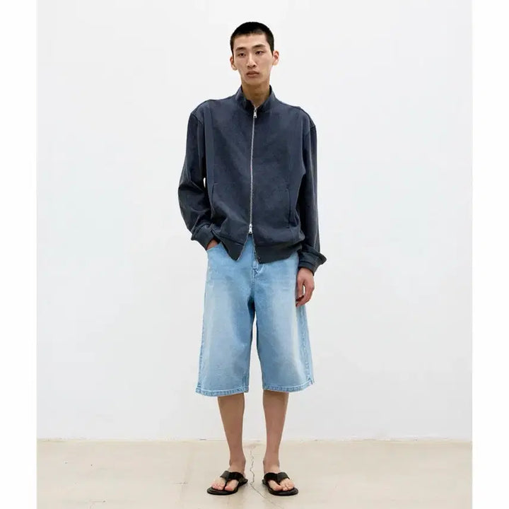 [BUNJANG] Cour Washed Cotton Stand Collar Mixed Zip-up Jacket / [L] 쿠어 워시드 코튼 스탠드 카라 믹스드 집업 워시드차콜그레이