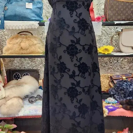 [BUNJANG] CEST LA VIE Black Chiffon Velvet Maxi Dress / CEST LA VIE 고급 맥시 롱원피스 (55 66)