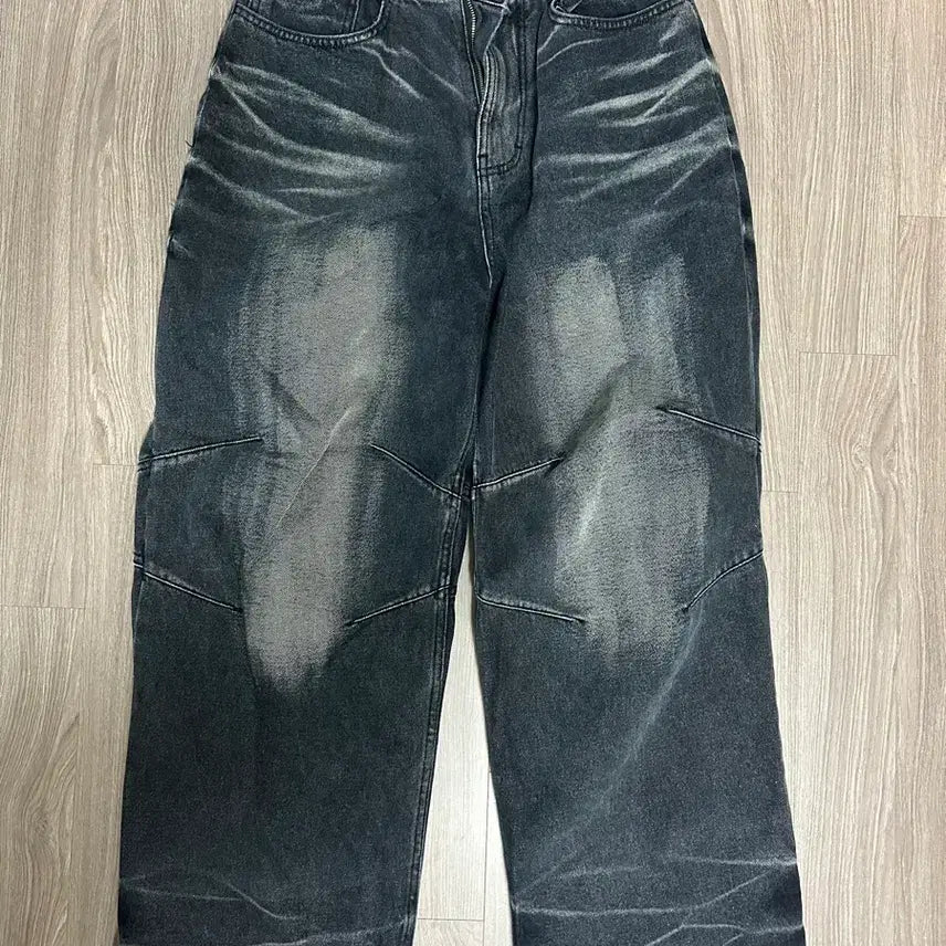 [BUNJANG] Blr Embossed Wave Wide Denim Pants (Blue, S) / Blr 엠보스드 웨이브 와이드 팬츠 블루 S사이즈