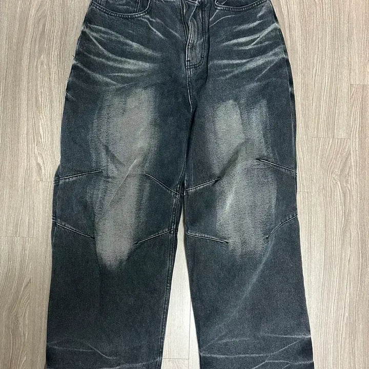 [BUNJANG] Blr Embossed Wave Wide Denim Pants (Blue, S) / Blr 엠보스드 웨이브 와이드 팬츠 블루 S사이즈