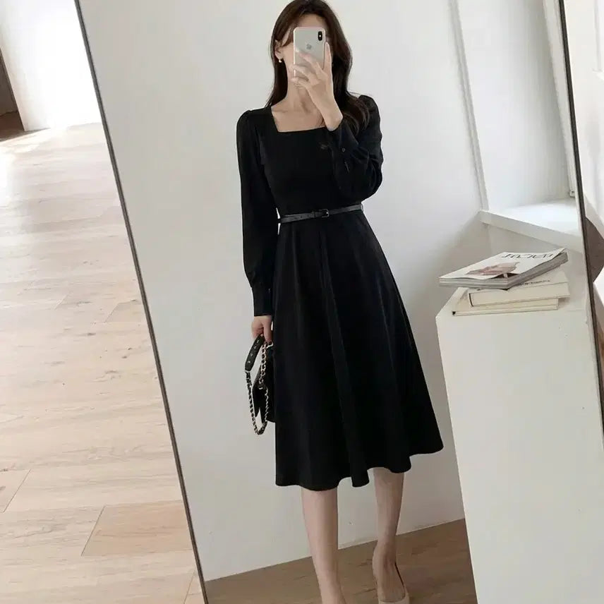 [BUNJANG] Black Square Neck Long Dress / (재고정리 새상품) 블랙 스퀘어넥 롱원피스