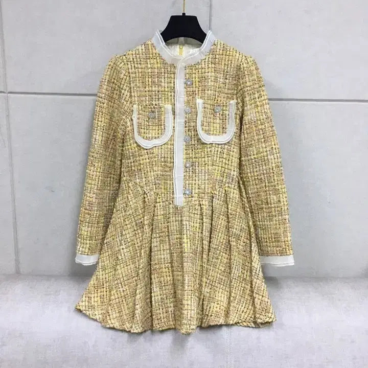 [BUNJANG] Yellow Tweed Mini Dress / 미사용(S)큐빅단추장식 셀포느낌의  옐로우 트위드 미니 원피스