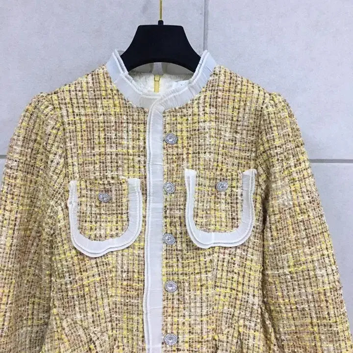 [BUNJANG] Yellow Tweed Mini Dress / 미사용(S)큐빅단추장식 셀포느낌의  옐로우 트위드 미니 원피스