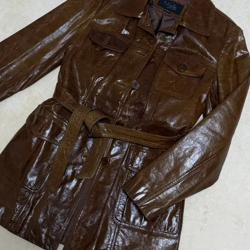 [BUNJANG] Vintage Brown Goatskin Leather Dress Jacket / 빈티지 염소가죽 브라운 레더 원피스 자켓