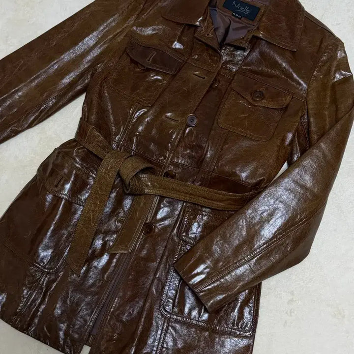 [BUNJANG] Vintage Brown Goatskin Leather Dress Jacket / 빈티지 염소가죽 브라운 레더 원피스 자켓