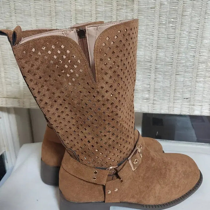 [BUNJANG] Suede Punched Brown Long Boots 245 / 새제품)스웨이드 펀칭 브라운 롱부츠245