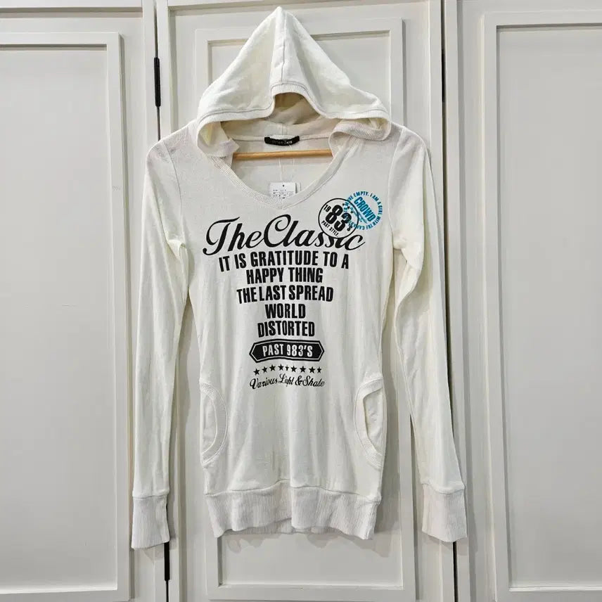 [BUNJANG] Witty &amp; Pitty Classic Lettering Long Hoodie T-shirt / 화이트 후드 롱티셔츠 프린팅