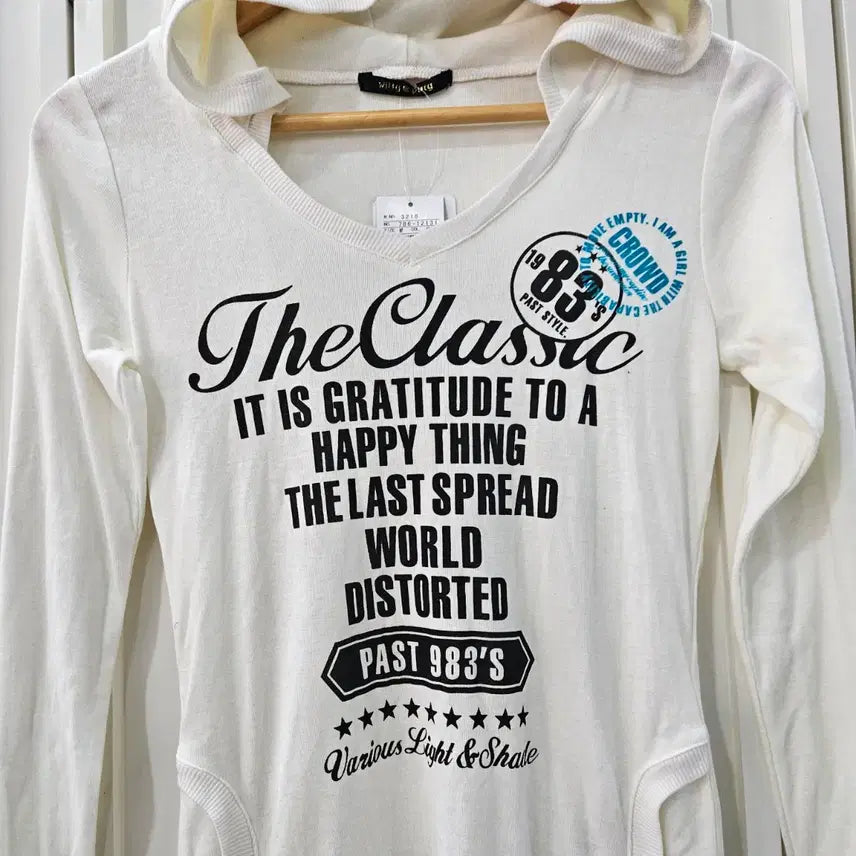 [BUNJANG] Witty &amp; Pitty Classic Lettering Long Hoodie T-shirt / 화이트 후드 롱티셔츠 프린팅