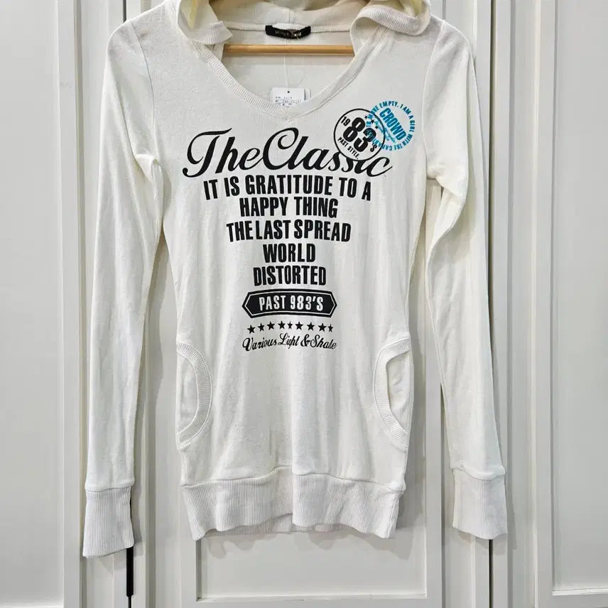 [BUNJANG] Witty &amp; Pitty Classic Lettering Long Hoodie T-shirt / 화이트 후드 롱티셔츠 프린팅