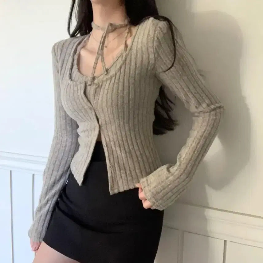 [BUNJANG] Halter Knit Choker Cardigan Set / 홀터 니트 쵸커 가디건 세트