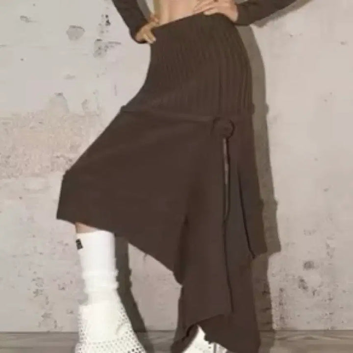 [BUNJANG] Vintage Unbalanced Cutting Brown Knit Skirt / 빈티지 언발란스 컷팅 브라운 니트 스커트