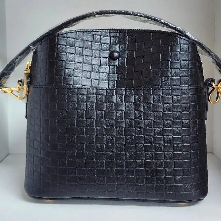 [BUNJANG] Black Leather Weaving Bucket Tote Bag / 블랙 가죽 위빙 버킷백 토트백