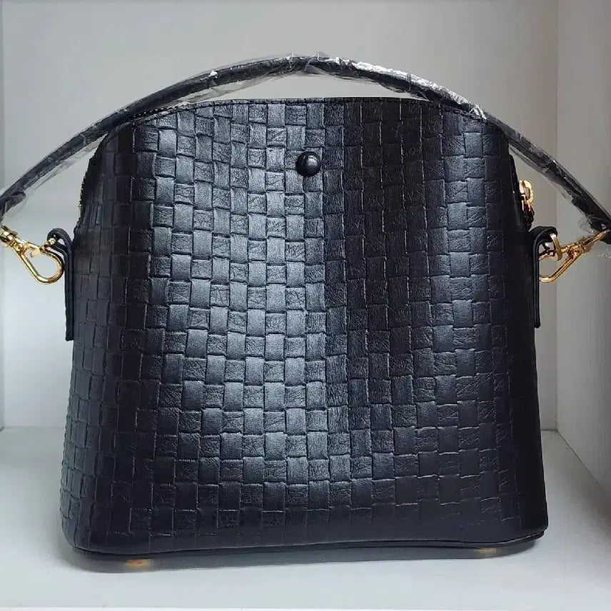 [BUNJANG] Black Leather Weaving Bucket Tote Bag / 블랙 가죽 위빙 버킷백 토트백