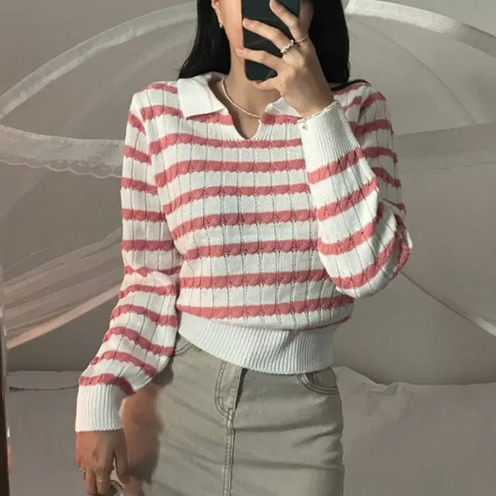 [BUNJANG] CHICKS Striped Collar Knit Sweater / 새상품) CHICKS 스트라이프 카라 니트/ 핑크